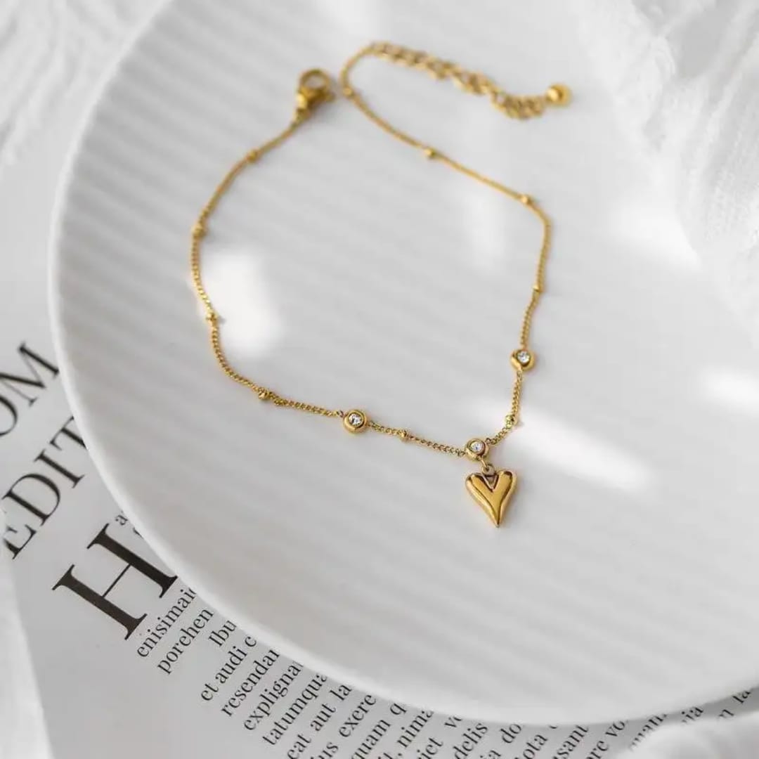 Golden Heart Charm Anklet with Crystal Accents