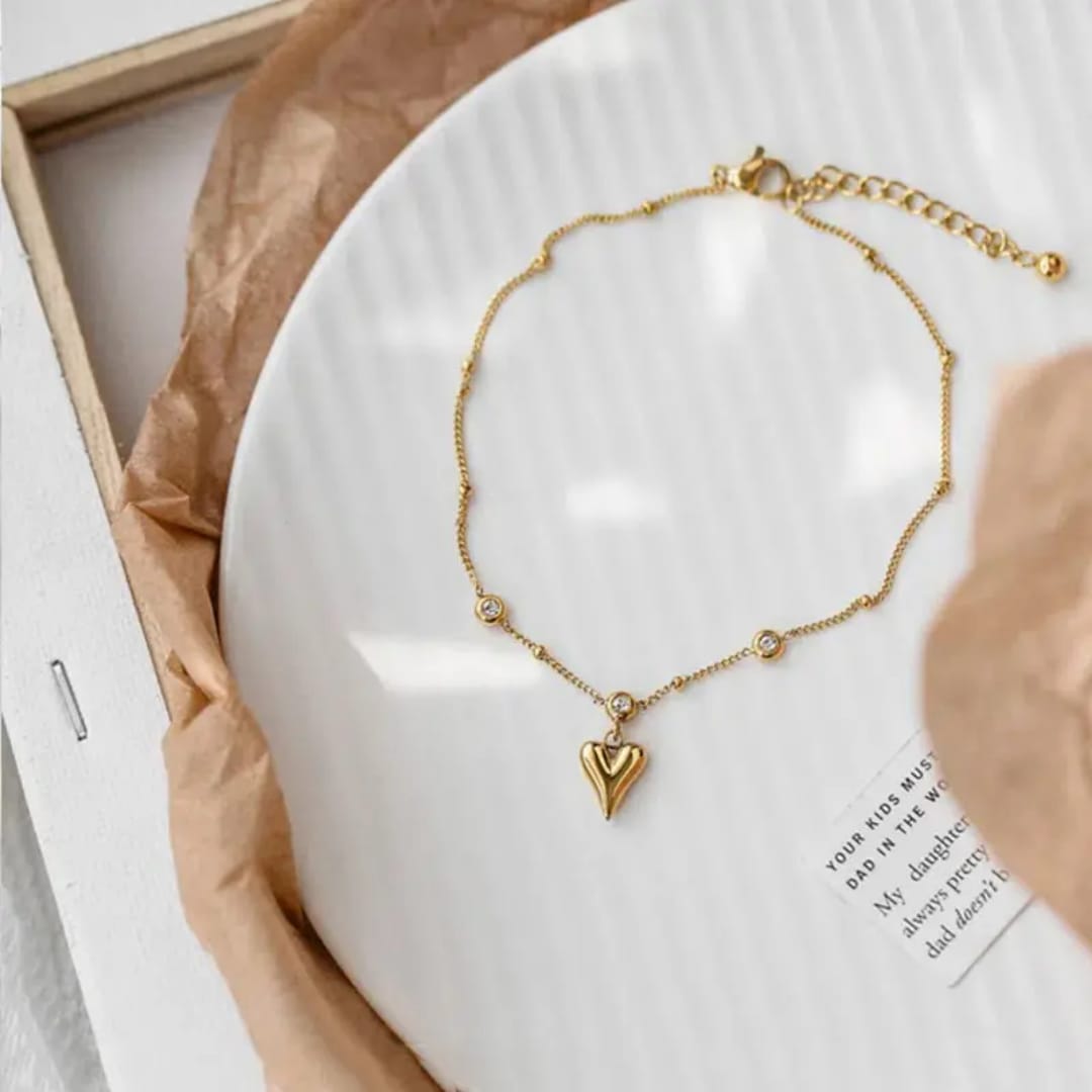 Golden Heart Charm Anklet with Crystal Accents