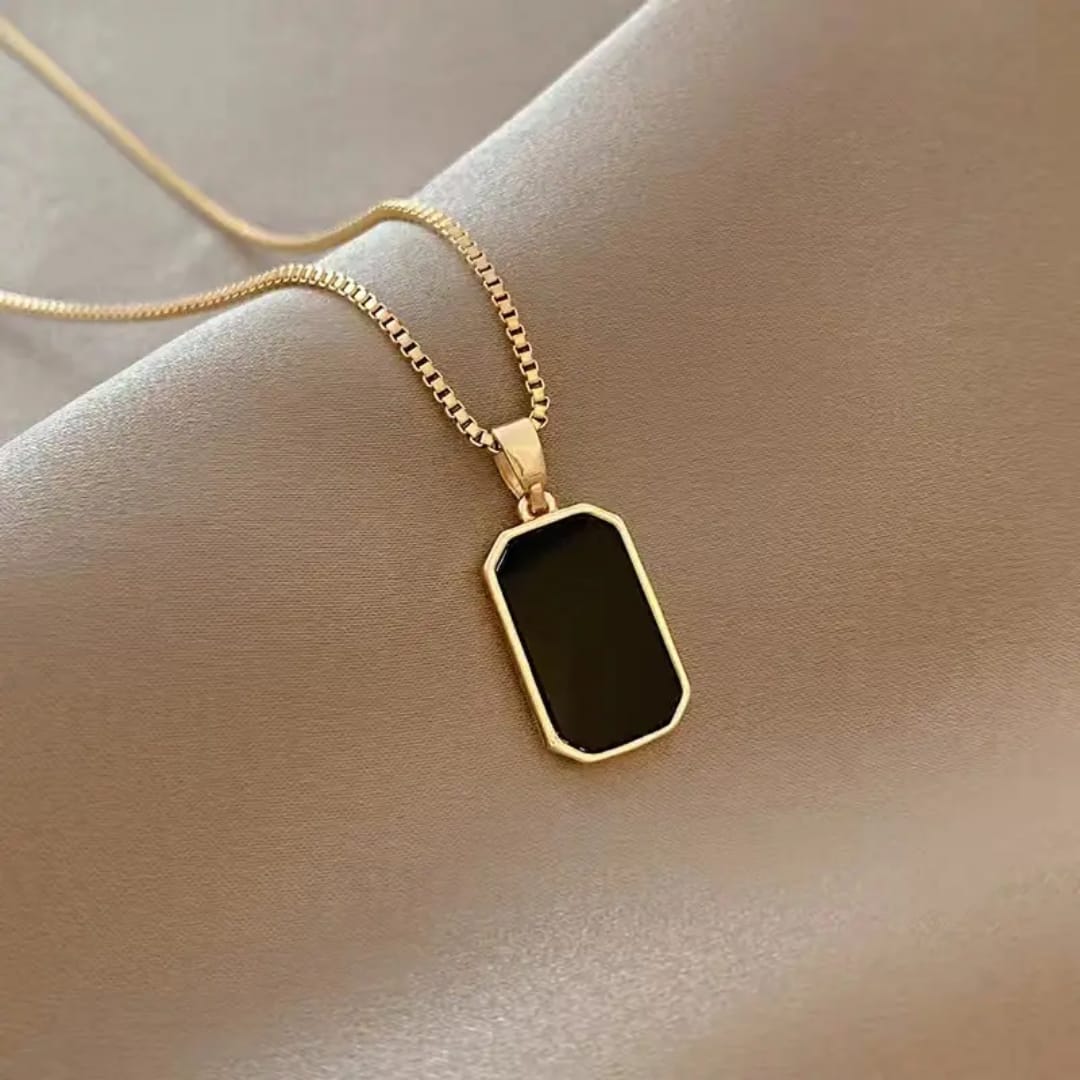 Black Enamel Gold-Tone Rectangular Pendant Necklace