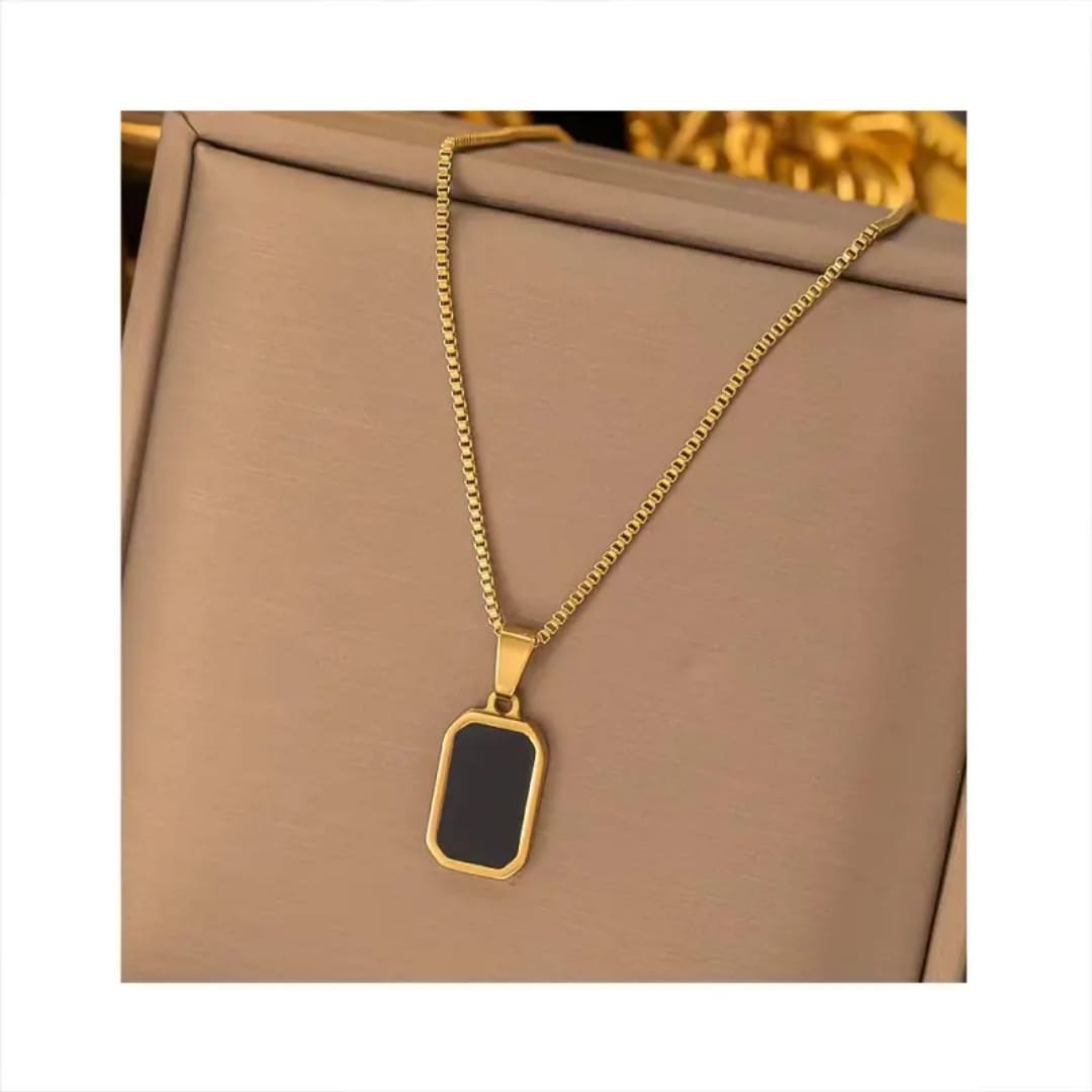 Black Enamel Gold-Tone Rectangular Pendant Necklace