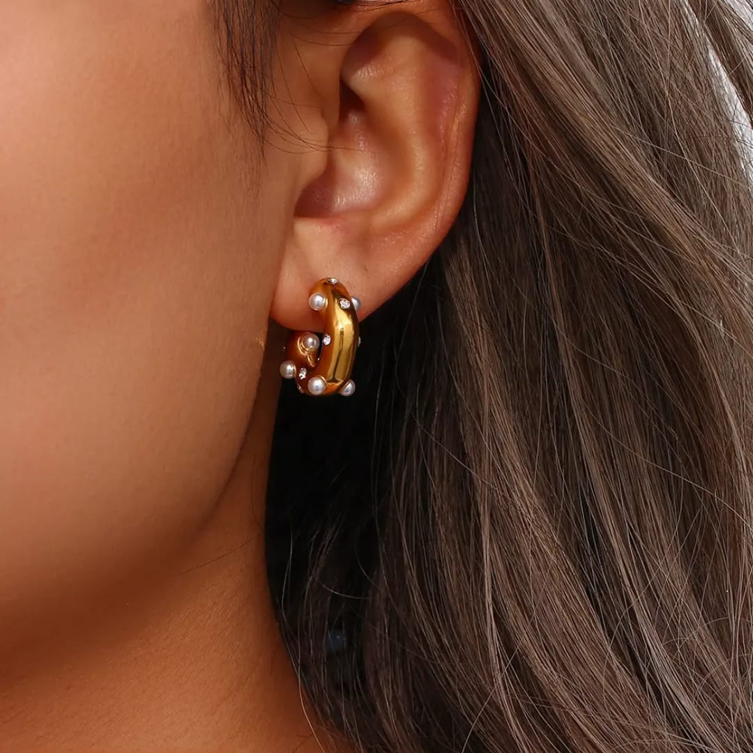 Golden Pearl & Crystal Textured Hoop Earrings
