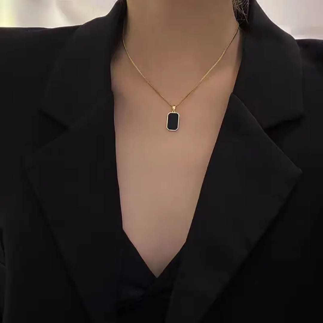 Black Enamel Gold-Tone Rectangular Pendant Necklace