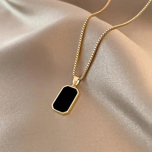 Black Enamel Gold-Tone Rectangular Pendant Necklace
