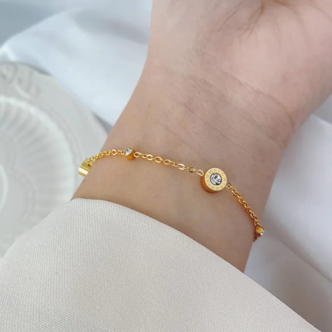 Gold Disc & Crystal Station Chain Bracelet