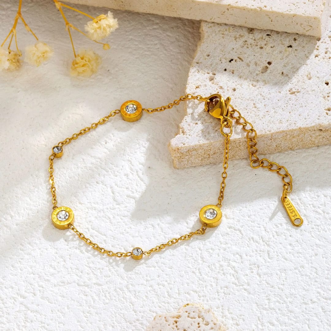 Gold Disc & Crystal Station Chain Bracelet
