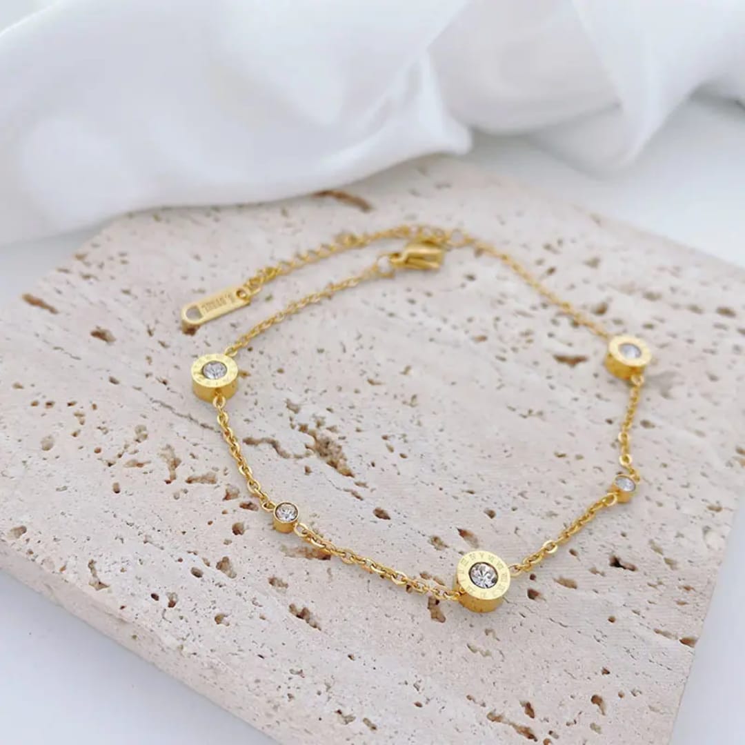 Gold Disc & Crystal Station Chain Bracelet