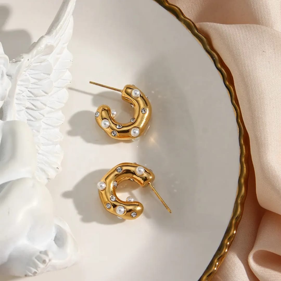Golden Pearl & Crystal Textured Hoop Earrings