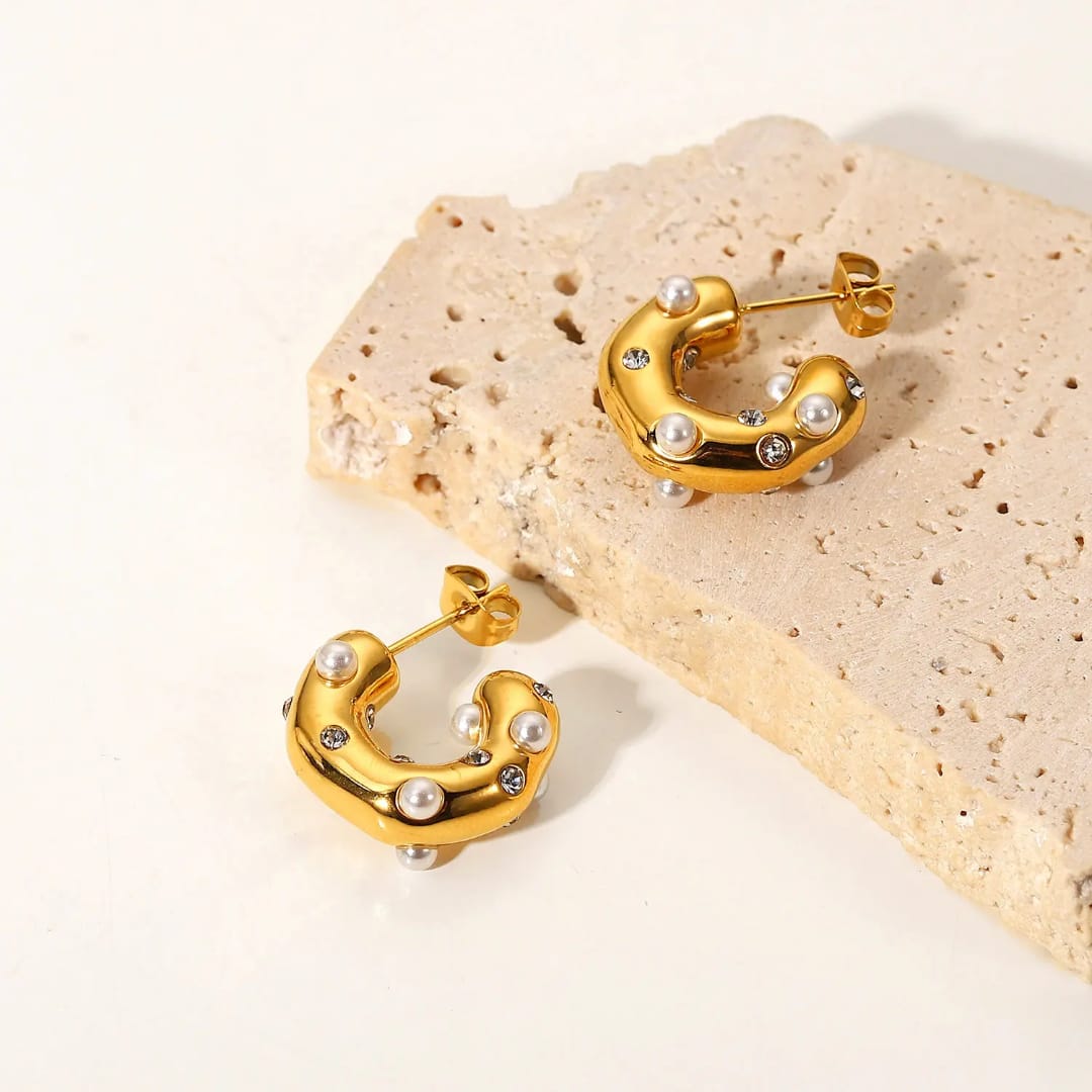 Golden Pearl & Crystal Textured Hoop Earrings