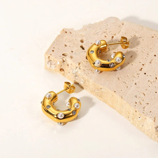 Golden Pearl & Crystal Textured Hoop Earrings
